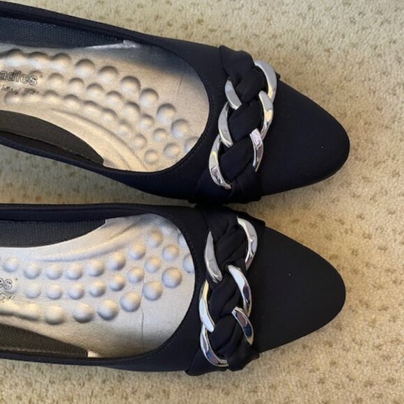 Satin Black low heel (1" heel) walkable shoes with gold detail - Picture 1 of 7